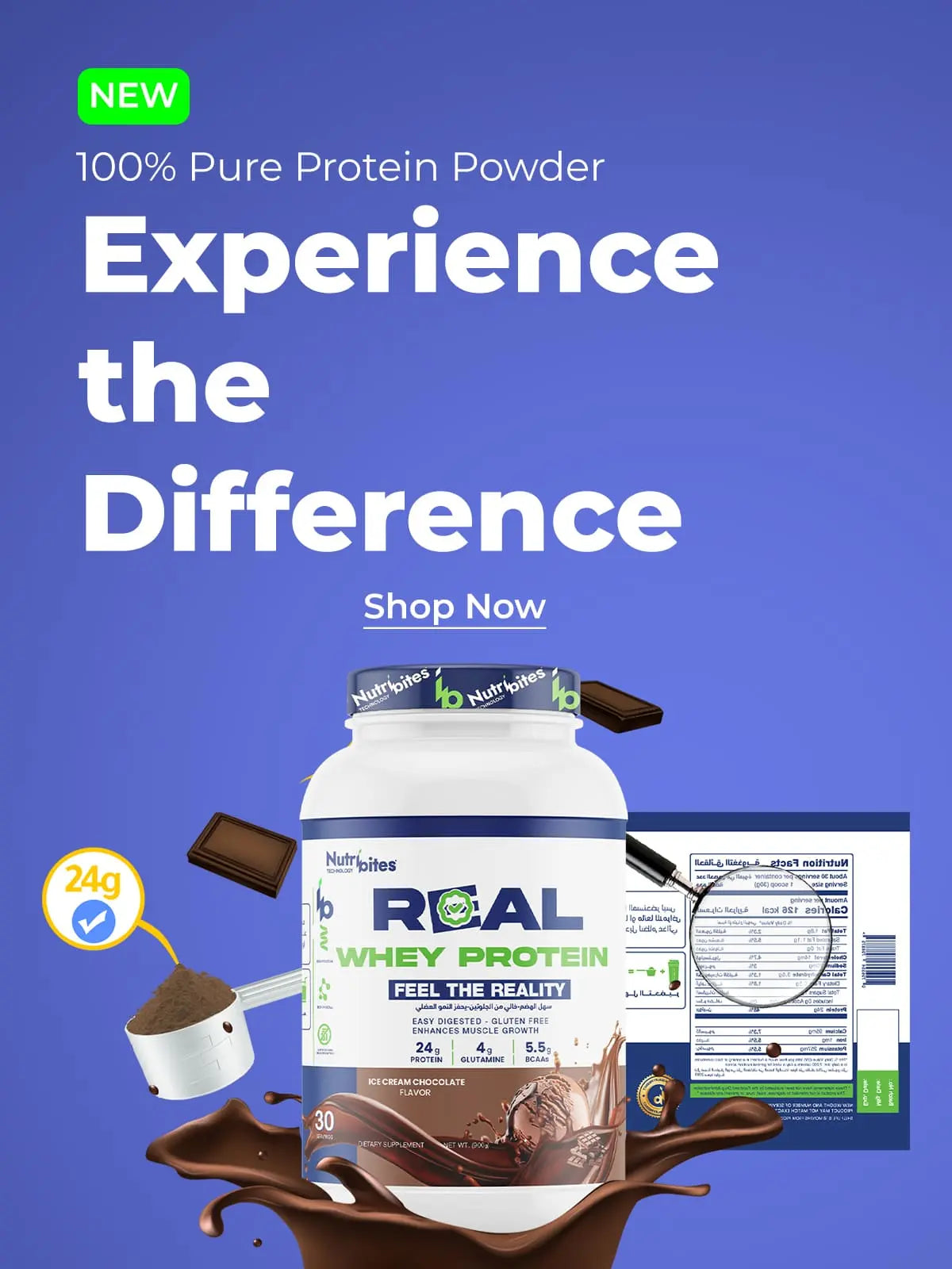 Nutribites Real Whey Protein package with promotional text on a blue background