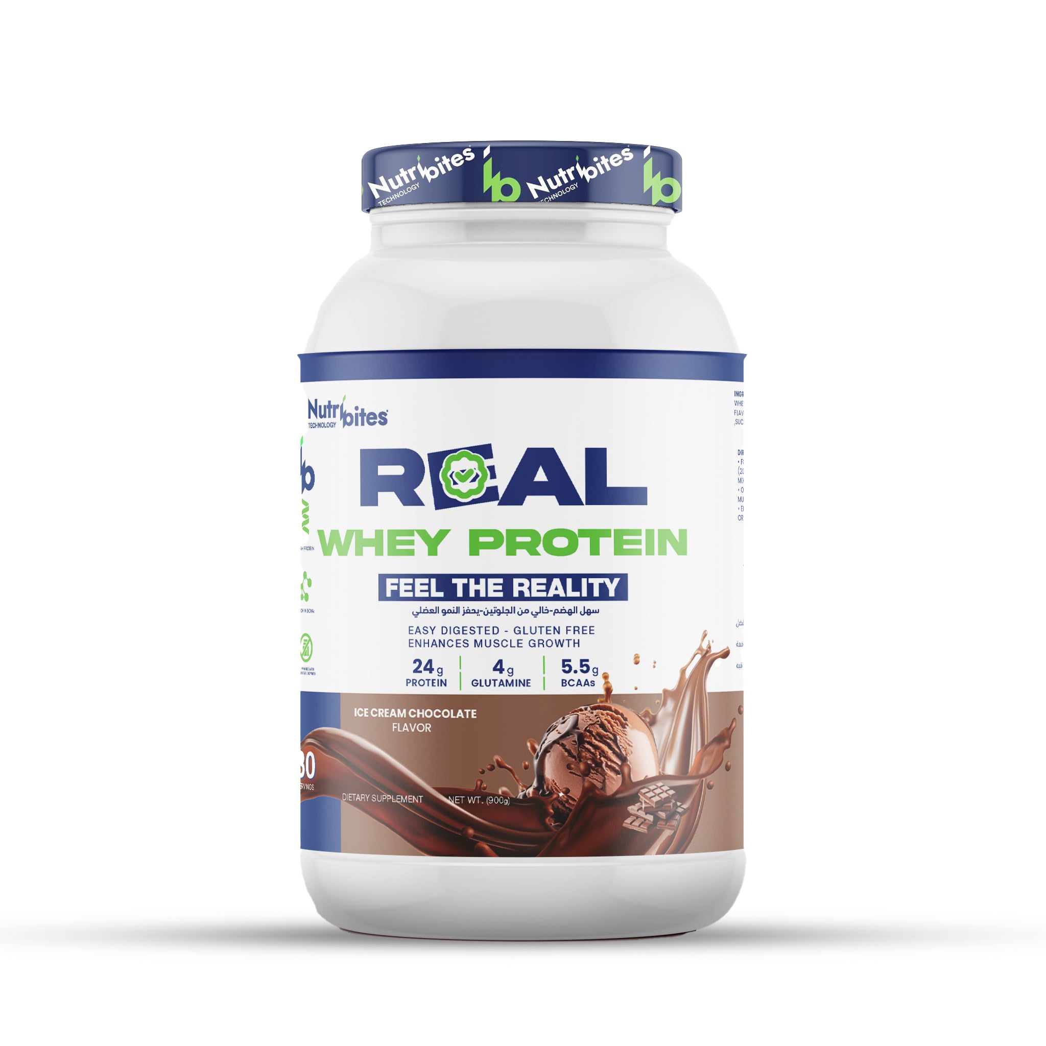 100% Whey Protein Powder 1kg Chocolate Ice Cream Flavor Science-backed 
Each serving provides 24g of fast-absorbing protein, the Gold Standard of purity. We use 100% Premium-Grade, plus 5.5g of BCAAs and 4g of Glutamine +Digestive Enzymes ( Lactase Enzyme So that it is easy to digest, even for those who are allergic to lactose  and Protease Enzyme)