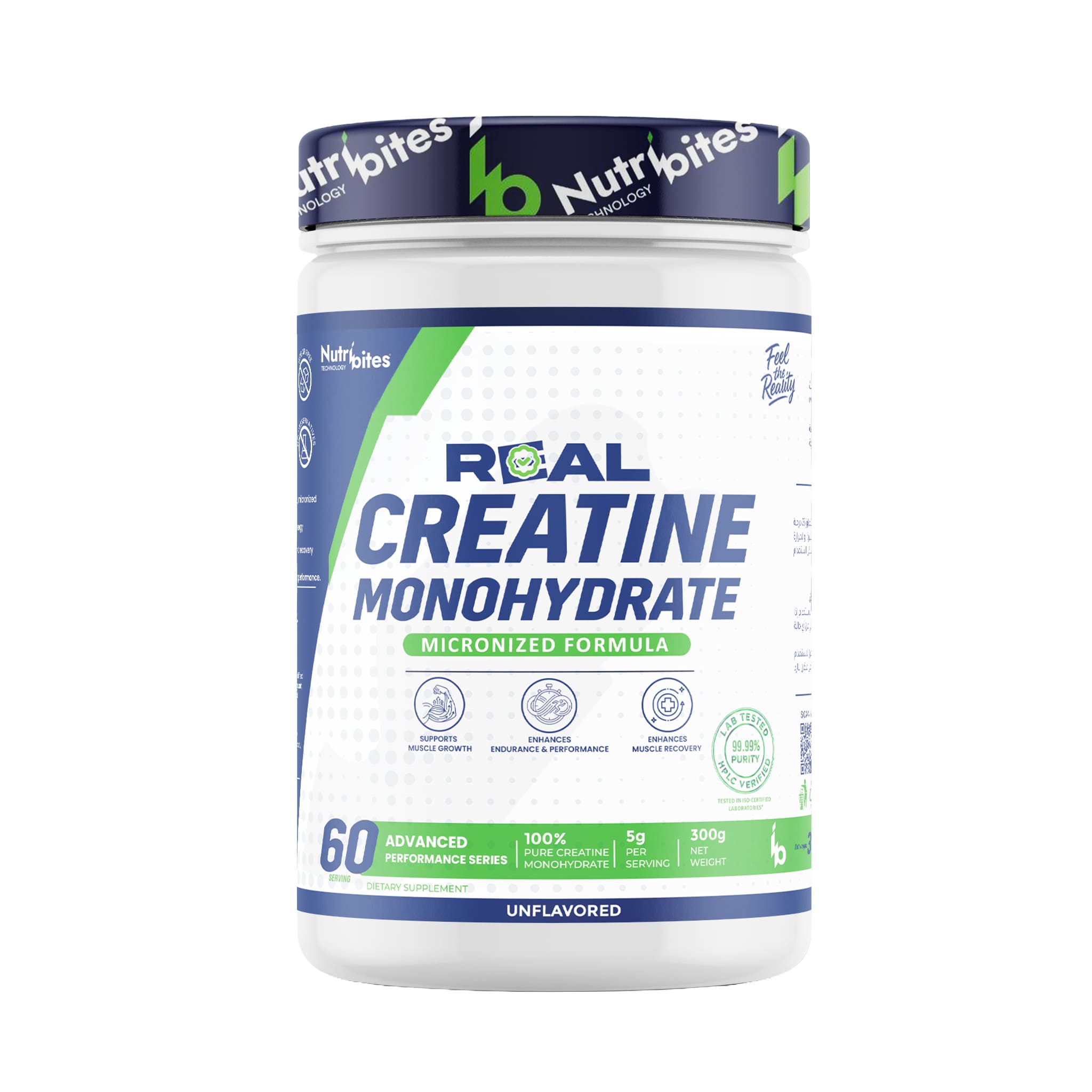 Container of Real Creatine Monohydrate by Nutribites Technology on a white background.